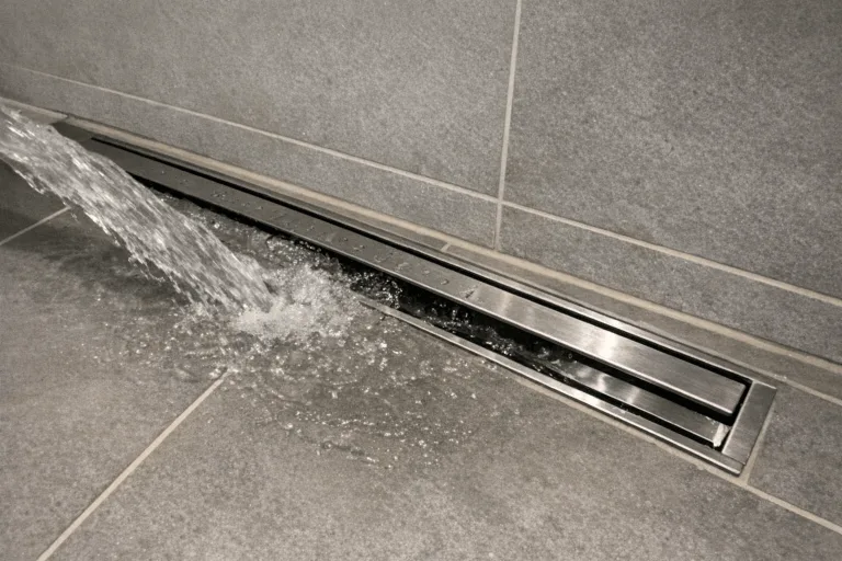 Wasser fließt perfekt durch eine moderne, saubere Duschrinne