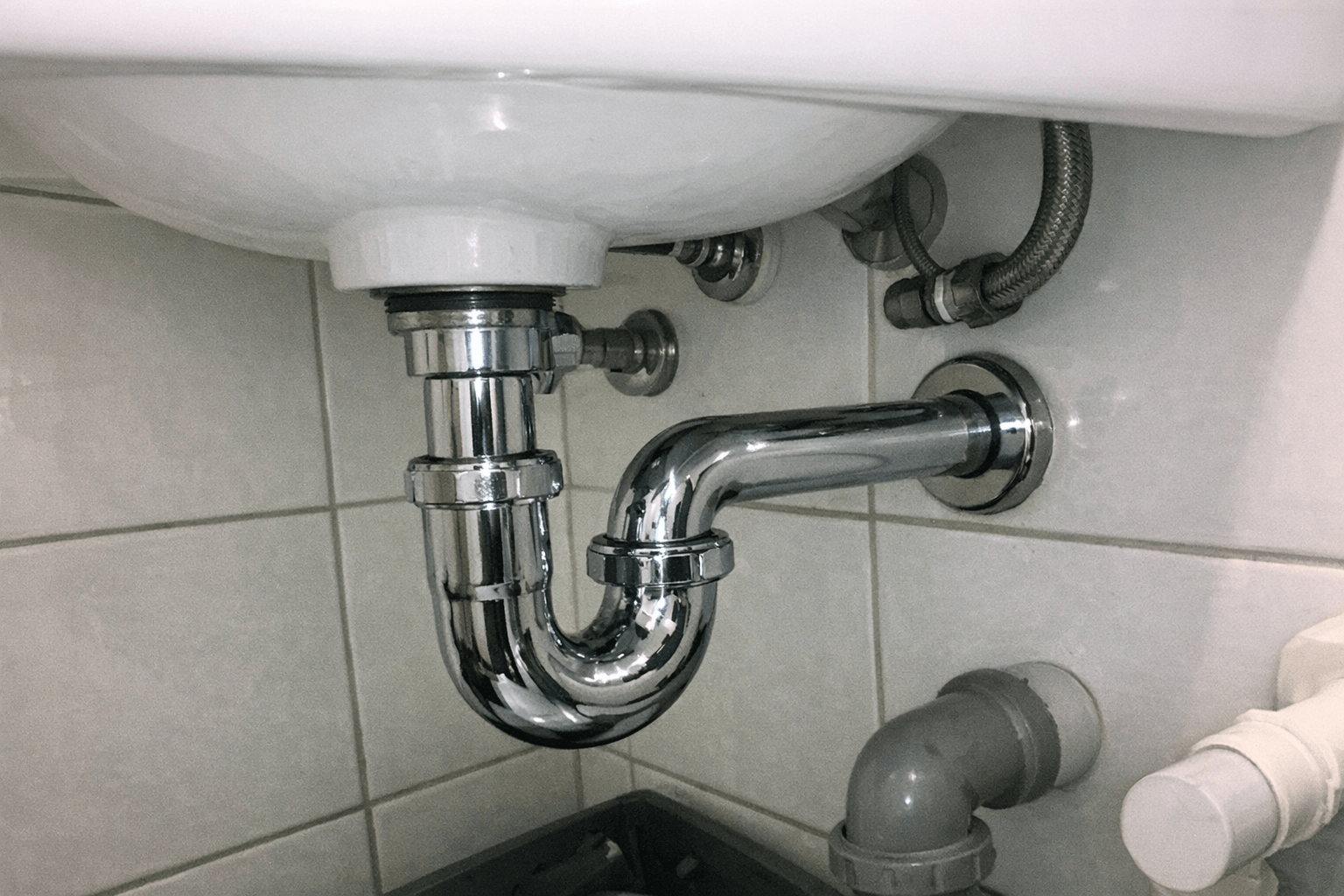 Sauberer Siphon unter einem glänzenden Waschbecken
