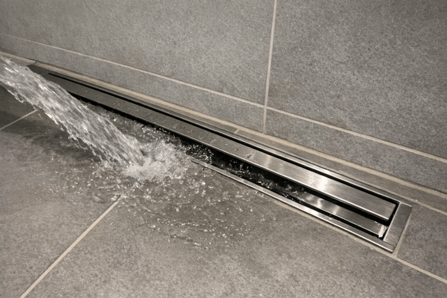 Wasser fließt perfekt durch eine moderne, saubere Duschrinne