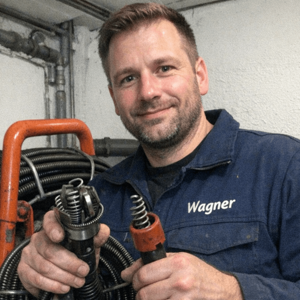 Techniker Florian Wagner mit Spezialwerkzeug um fachgerecht WC Abfluss reinigen zu können